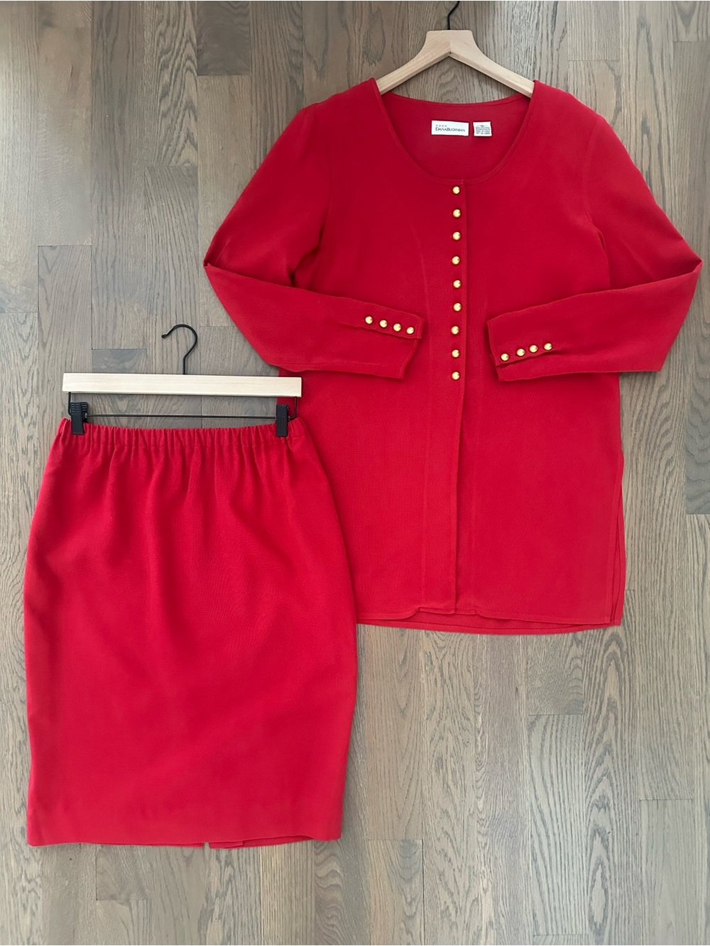 Vintage Dana Buchman Woven Silk Skirt Suit with Tunic Jacket in Red Size 8